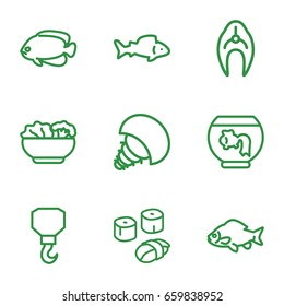 Fish icons set. set of 9 fish outline icons such as fish, hook, food, sushi, extinct sea creature