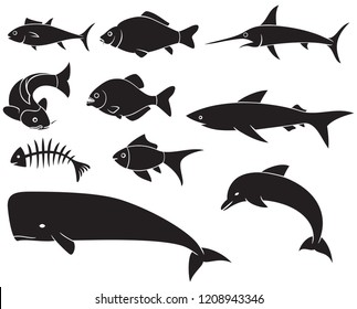 fish icons set - black silhouettes (dolphin, carp, shark, whale, swordfish, piranha)