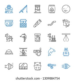 fish icons set. Collection of fish with collar, hamster, food and restaurant, fishes, apron, dolphin, dive, animals, pet food, hook, churrasco. Editable and scalable fish icons.