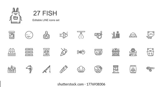 Fischsymbole gesetzt. Sammlung von Fischen mit Brunnen, Nahrung, Muschel, gesunde Nahrung, Angelstab, Delphin, Kaltwasser, Restaurant, Fischschüssel, Fischbein. Bearbeitbare und skalierbare Fischsymbole.