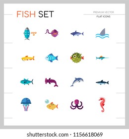 Fish icons set with dolphin, shark and seahorse. Thirteen vector icons