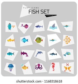 Fish icons set with dolphin, shark and seahorse. Thirteen vector icons