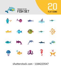 Fish icons set with dolphin, shark and seahorse. Thirteen vector icons