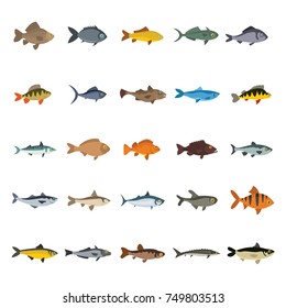 Fish icons set. Flat collection of fish vector icons for web isolated on white background