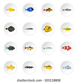Fish icons set. Flat illustration of 16 fish vector icons for web