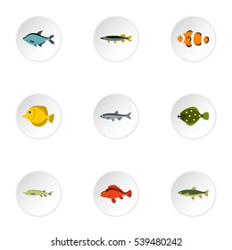 Fish icons set. Flat illustration of 9 fish vector icons for web
