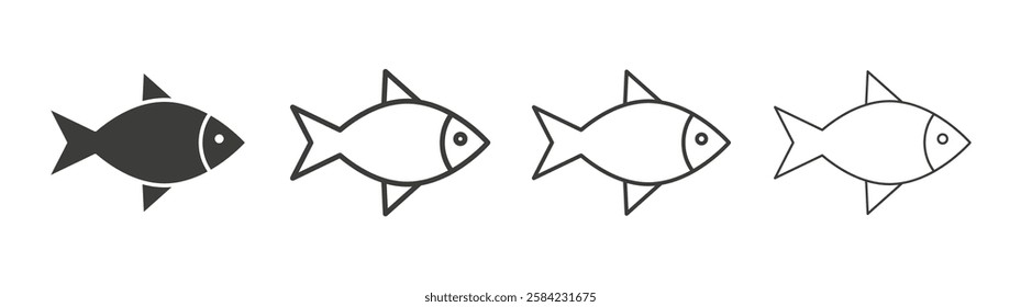 Fish icons set. Liner outlined and flat black color
