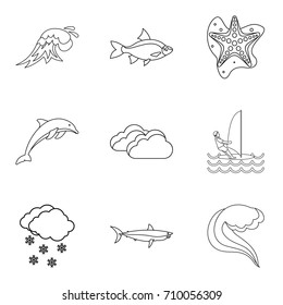 Fish icons set. Outline set of 9 fish vector icons for web isolated on white background