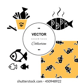 Fish icons or signs  pattern set. Vector background collection