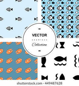 Fish icons or signs seamless pattern set. Vector background collection
