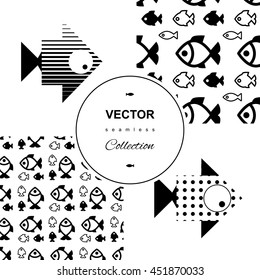 Fish icons or signs seamless pattern set. Vector background collection