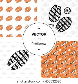 Fish icons or signs seamless pattern set. Vector background collection