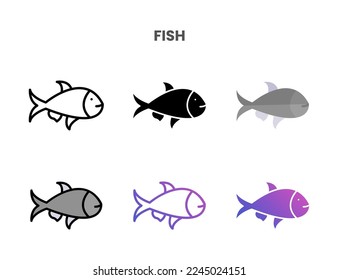 Fish icons vector illustration set line, flat, glyph, outline color gradient. Great for web, app, presentation and more. Editable stroke and pixel perfect.