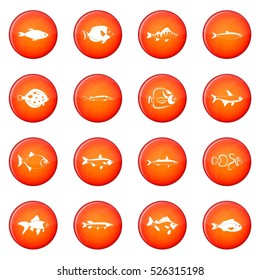 Fish icons vector set of red circles isolated on white background