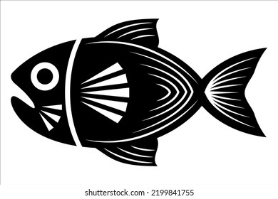 Fish illustration in black and white. Monochrome abstract fish icon isolated on white background.