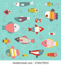 Colección de ilustraciones de peces en segundo plano. Dibujo de objetos aislados en capas de saparato. Archivo vectorial EPS10.