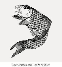 Fish illustration with detailed scales. The fish drawing showcases fine line work, emphasizing the fish's scales and form. Artistic fish design in black and white. Vintage illustration vector.