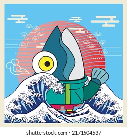 fish illustration with japanese style background