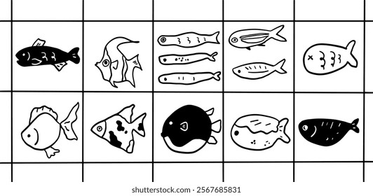 Fish Illustration Set | Minimalist Doodle Vector for Aquatic and Marine-Themed Designs