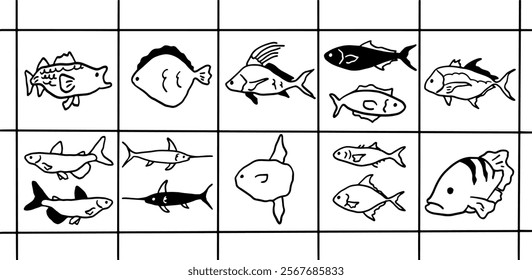 Fish Illustration Set | Minimalist Doodle Vector for Aquatic and Marine-Themed Designs