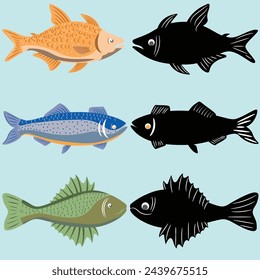  Fish illustration and silhouette vector hand drawn collection Engraving fish vector cartoon for t shirt design  vintage hand drawn cartoon illustration collection 