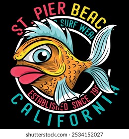 Fish illustration in surf and punk style with beach vacation texts, big waves and colors that take you back to the summer beaches, contrasting backgrounds to support the character and give it dynamism