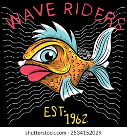 Fish illustration in surf and punk style with beach vacation texts, big waves and colors that take you back to the summer beaches, contrasting backgrounds to support the character and give it dynamism