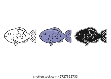 Ilustración de peces en tres estilos diferentes. Tema de animales acuáticos, Ilustración vectorial.