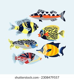 Fish illustration vector collection clip art colorful and playful marine life printable sticker wall art editable