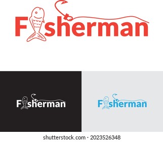 Fish illustration vector and fisherman letter. good to use for brand logo. set of fishing logo template. hobby design concept.