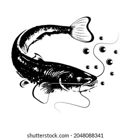 fish illustration vector isolated on white background. black and white color