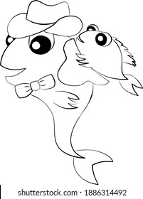 Fish in the image of a Cowboy in black and white. It can be used for icons, web, postcards, decor, packaging, prints for things, covers for notebooks, decoration of boxes for toys, sticker, backpack