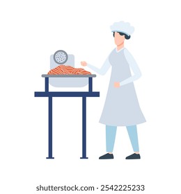 Fish industry in flat design. Operator cooking salmon mince at factory machine. Vector illustration isolated.