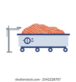 Indústria de peixe em design plano. Processamento de carne de salmão em maquinário da fábrica. Ilustração vetorial isolada.