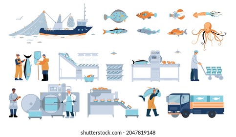 Fish industry flat icons set with seafood fishing vessel truck industrial equipment and human characters isolated vector illustration