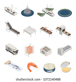 Fish industry seafood production isometric icons with pieces of industrial equipment vessels and ready marine products vector illustration