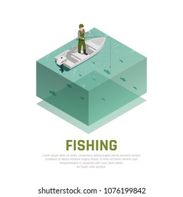 Fish industry seafood production isometric composition with image of fisherman on boat with rod and text vector illustration