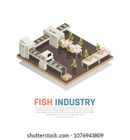 Fish Industry Seafood Production Isometric Composition With View Of Sea Food Factory With Conveyors And Workers Vector Illustration