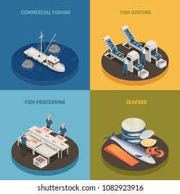 Fish industry seafood production isometric 2x2 design concept with fishing vessels plant facilities and food with text vector illustration