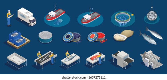 Fish industry seafood production isometric set with isolated icons of marine products fishing facilities and people vector illustration