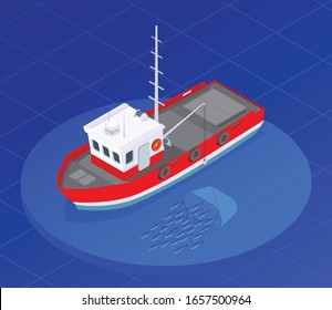 Fish industry seafood production isometric composition with image of fishing boat with drift net in water vector illustration