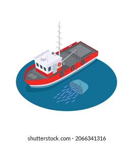 Fish industry seafood production isometric composition with isolated image of fishing boat releasing fishes into the wild vector illustration