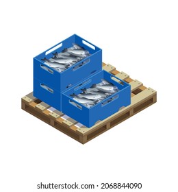 Fish industry seafood production isometric composition with images of pallet with blue plastic boxes of fish vector illustration