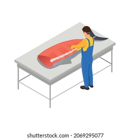 Fish industry seafood production isometric composition with isolated image of salmon fillet with character of worker vector illustration