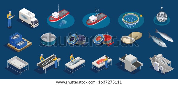 Fish industry seafood production isometric\
set with isolated icons of marine products fishing facilities and\
people vector\
illustration