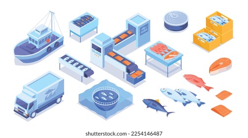 Fish industry set. Collection of graphic elements for website. Healthy fat and natural meat, protein product. Ship and truck. Cartoon isometric vector illustrations isolated on white background