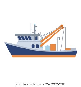 Fish industry ship in flat design. Commercial fishing trawler floating. Vector illustration isolated.