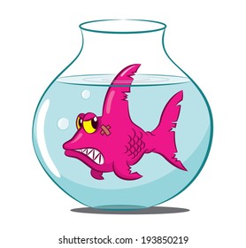 Fish inside of bowl aquarium funny cartoon illustration