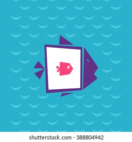 Fish inside the fish at sea background. Creative flat vector illustration. Modern design logo.
