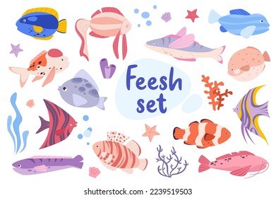 Fish isolated elements set in flat design. Bundle of colorful fishes in different types, starfishes and seaweeds. Cute seabed sea and ocean creatures and marine underwater plants. Vector illustration.